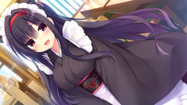 Anime picture 2560x1440 with hamidashi creative kamakura shio utsunomiya tsumire single long hair looking at viewer blush fringe highres open mouth black hair hair between eyes red eyes wide image standing animal ears game cg indoors long sleeves traditional clothes
