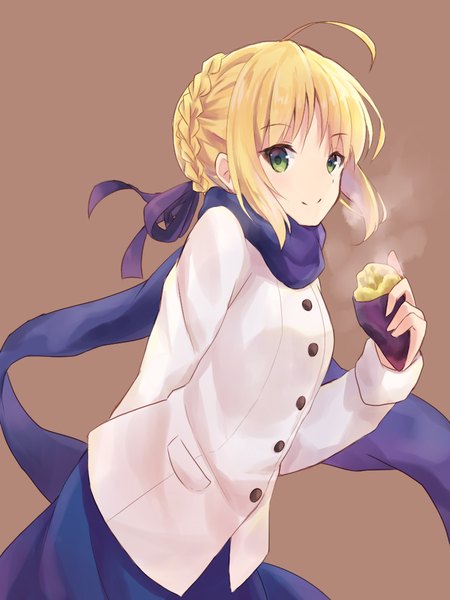 Anime picture 768x1024 with fate (series) fate/stay night type-moon artoria pendragon (all) saber nonono (nononotea) single long hair tall image looking at viewer simple background blonde hair smile green eyes ahoge braid (braids) arm behind back brown background braided bun girl