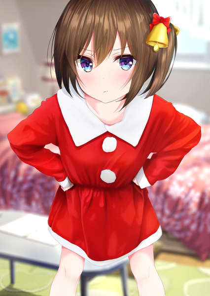 Anime picture 923x1300 with original mito ichijyo single tall image looking at viewer blush fringe short hair blue eyes hair between eyes brown hair standing indoors blurry depth of field one side up christmas hands on hips hair bell pout