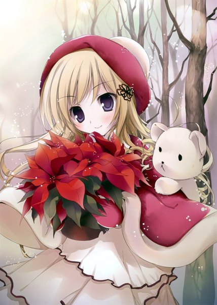 Anime picture 2248x3151 with original karory single long hair tall image blush highres blonde hair purple eyes girl dress flower (flowers) plant (plants) tree (trees) cap teddy bear