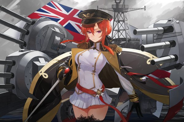 Anime picture 3508x2339 with azur lane monarch (azur lane) aoiro (t aoiro123) single long hair fringe highres hair between eyes standing purple eyes absurdres red hair clothes on shoulders girl uniform military uniform peaked cap flag epaulettes turret