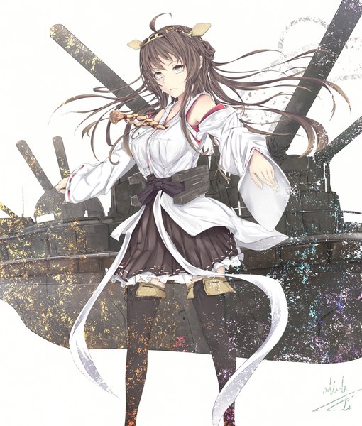 Anime picture 1600x1880 with kantai collection kongou battleship marumoru single long hair tall image simple background brown hair white background bare shoulders brown eyes signed zettai ryouiki nontraditional miko girl thighhighs skirt black thighhighs detached sleeves watercraft