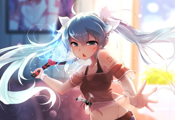 Anime picture 1500x1029 with vocaloid hatsune miku qys3 single long hair blush fringe open mouth twintails holding ahoge aqua eyes aqua hair sweat depth of field girl navel bow ribbon (ribbons) hair bow