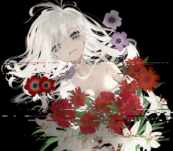 Anime picture 1800x1577 with original narue single long hair fringe highres simple background hair between eyes bare shoulders cleavage upper body white hair lying nude mole on back grey eyes mole under eye black background mole under mouth