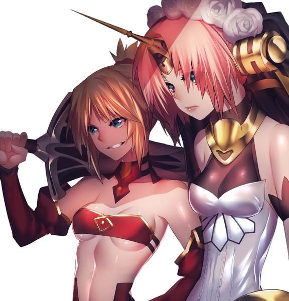 Anime picture 1920x2000 with fate (series) fate/grand order fate/apocrypha mordred (fate) frankenstein's monster (fate) rahato tall image fringe highres short hair breasts blue eyes light erotic simple background blonde hair smile hair between eyes standing white background bare shoulders