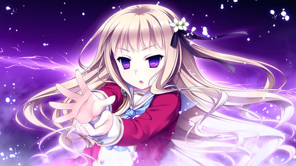 Anime picture 1920x1080 with hello lady akatsuki-works takazaki eru single long hair looking at viewer highres wide image purple eyes game cg white hair magic girl uniform ribbon (ribbons) hair ribbon school uniform