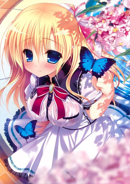 Anime picture 2465x3493 with pure girl nanaka mai single long hair tall image looking at viewer blush highres blue eyes light erotic blonde hair smile girl dress uniform flower (flowers) school uniform insect butterfly