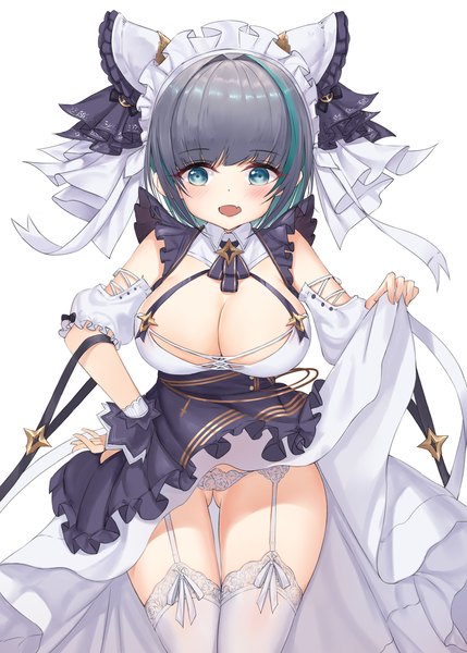 Anime picture 2446x3417 with azur lane cheshire (azur lane) gala (16901040) single tall image looking at viewer blush fringe highres short hair breasts open mouth light erotic simple background smile large breasts standing white background holding cleavage