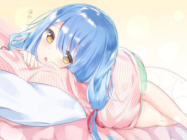 Anime picture 1000x754 with original tsubomi (kamioka shun'ya) kamioka shun'ya single long hair looking at viewer blush light erotic twintails yellow eyes blue hair lying :o low twintails on side cute girl underwear panties pillow