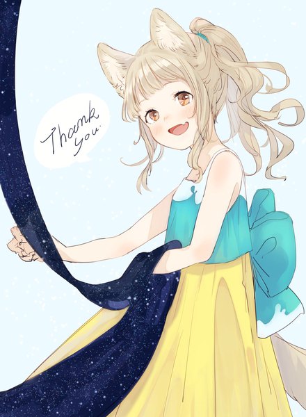 Anime picture 1504x2048 with original ikoan single long hair tall image looking at viewer blush fringe open mouth blonde hair simple background smile standing bare shoulders holding brown eyes animal ears payot ponytail tail