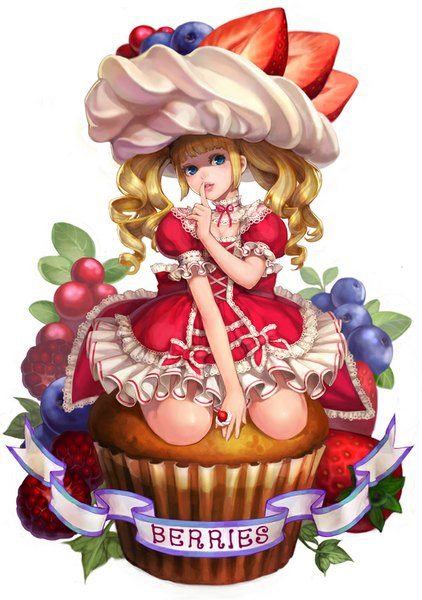 Anime picture 600x852 with original obsidian single long hair tall image looking at viewer blue eyes simple background blonde hair white background sitting twintails kneeling finger to mouth wavy hair frilly skirt seiza girl dress food