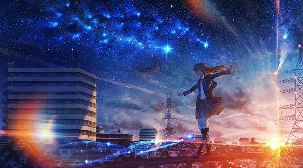 Anime picture 1800x1000 with original kenzo 093 single long hair fringe highres brown hair wide image looking away cloud (clouds) full body pleated skirt wind night night sky city evening sunset cityscape walking