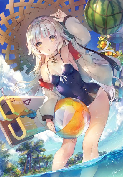 Anime picture 1032x1480 with azur lane z46 (azur lane) z46 (first summer) (azur lane) deecha single long hair tall image looking at viewer blush fringe breasts open mouth light erotic standing holding signed yellow eyes sky cleavage silver hair