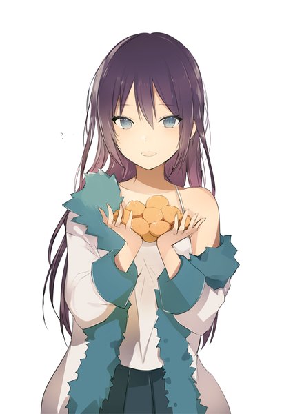 Anime-Bild 650x918 mit original lpip single long hair tall image looking at viewer fringe open mouth blue eyes simple background hair between eyes white background holding purple hair pleated skirt open clothes open jacket fur trim girl skirt