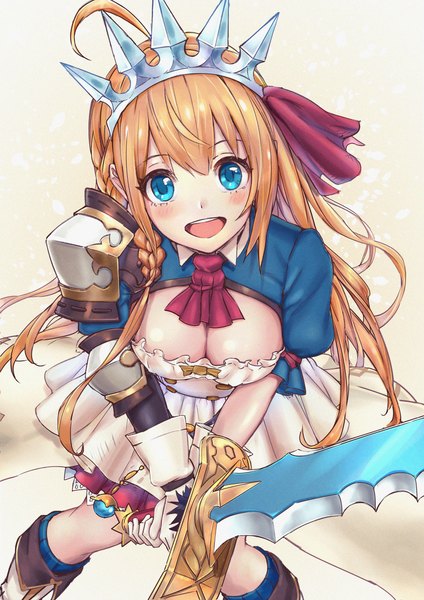 Anime picture 1860x2631 with princess connect! re:dive princess connect! pecorine (princess connect!) kandyy pop single long hair tall image looking at viewer blush highres breasts open mouth blue eyes light erotic blonde hair large breasts cleavage ahoge :d from above
