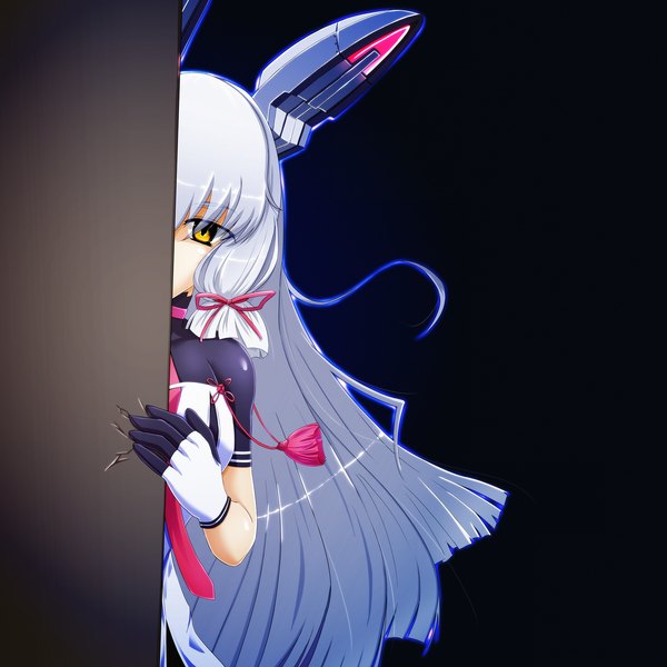 Anime-Bild 1920x1920 mit kantai collection murakumo destroyer tappa (esperanza) single long hair looking at viewer highres yellow eyes white hair dark background tress ribbon peeking girl gloves hair ornament ribbon (ribbons) hair ribbon tassel