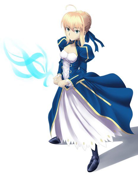 Anime picture 1240x1594 with fate (series) fate/stay night artoria pendragon (all) saber daiz1213 single tall image looking at viewer fringe short hair simple background blonde hair hair between eyes standing white background holding green eyes full body ahoge braid (braids)