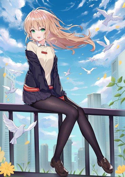 Anime picture 2894x4093 with gridman universe ssss.dynazenon studio trigger minami yume hokori sakuni single long hair tall image looking at viewer fringe highres open mouth smile hair between eyes brown hair sitting green eyes payot sky cloud (clouds)
