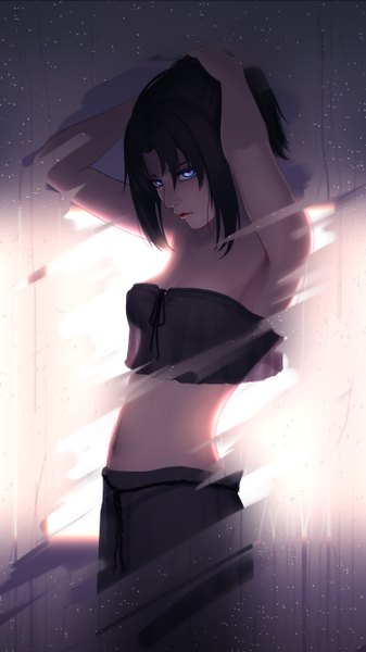 Anime picture 720x1280 with kara no kyoukai type-moon ryougi shiki wei ji single tall image looking at viewer short hair blue eyes black hair bare shoulders midriff hands on head girl navel