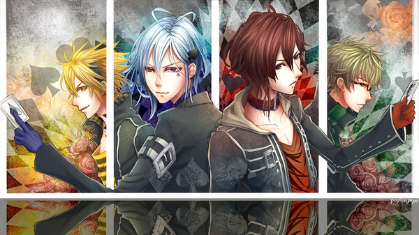 Anime picture 1500x844 with amnesia idea factory shin (amnesia) toma (amnesia) ikki (amnesia) kent (amnesia) reiberrycream looking at viewer short hair blue eyes blonde hair brown hair wide image brown eyes green eyes yellow eyes blue hair green hair light smile multiple boys