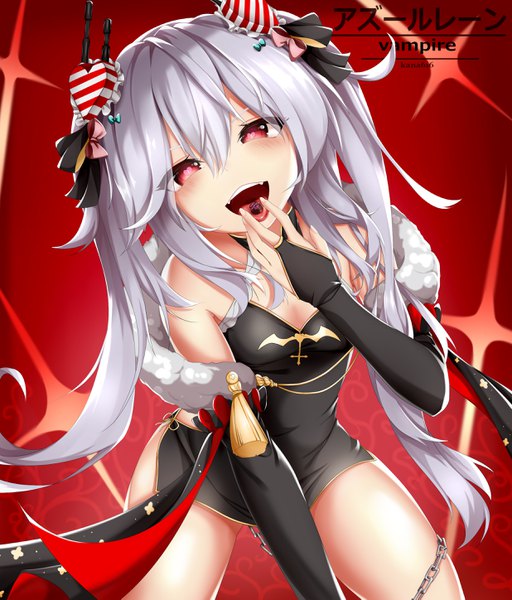 Anime picture 2471x2893 with azur lane vampire (azur lane) vampire (the breath of spring) (azur lane) kana616 single long hair tall image looking at viewer blush fringe highres breasts open mouth light erotic hair between eyes red eyes cleavage silver hair traditional clothes fingernails