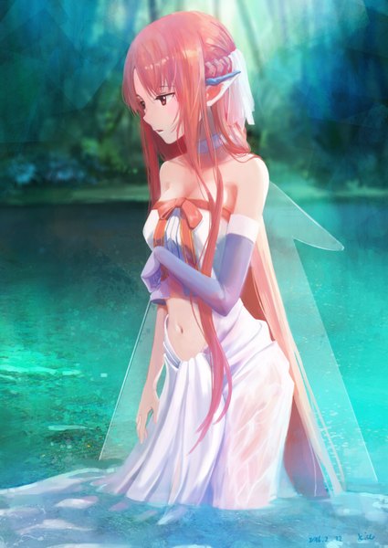 Anime picture 2284x3224 with sword art online a-1 pictures yuuki asuna titania (alo) xi chen chen single long hair tall image highres open mouth brown hair brown eyes looking away pointy ears elf girl dress gloves navel wings