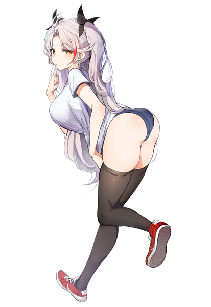Anime-Bild 2031x2952 mit azur lane prinz eugen (azur lane) luse maonang single long hair tall image looking at viewer fringe highres breasts light erotic simple background standing white background yellow eyes silver hair full body ass multicolored hair two-tone hair