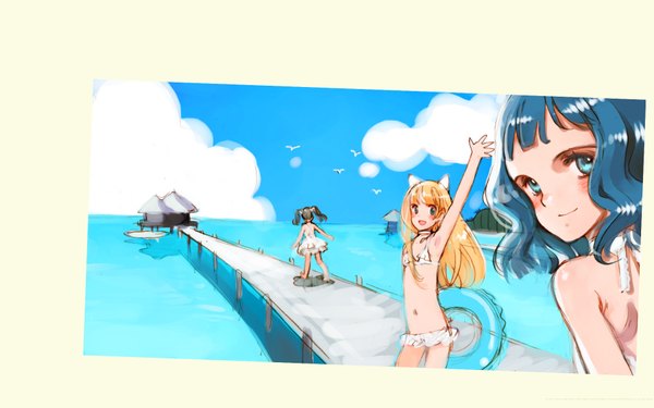 Anime picture 1920x1200 with shirotsume souwa littlewitch touka (shirotsume souwa) ema (shirotsume souwa) sayu (shirotsume souwa) oyari ashito long hair looking at viewer highres short hair blue eyes light erotic blonde hair smile wide image twintails multiple girls animal ears blue hair sky