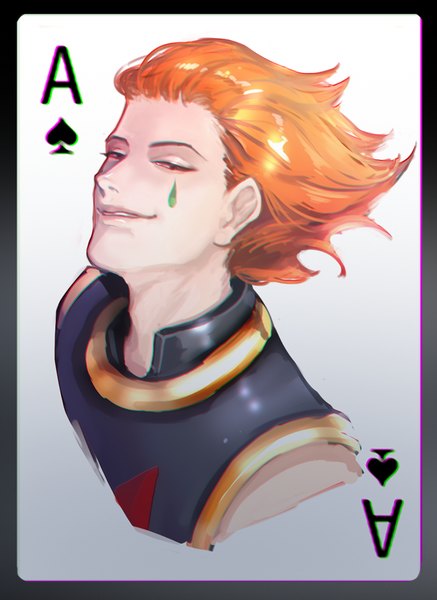 Anime picture 600x823 with hunter x hunter hisoka (hunter x hunter) ruck single tall image looking at viewer short hair simple background smile white background upper body black eyes orange hair facial mark portrait smirk boy card (cards)
