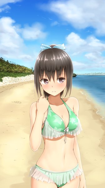 Anime picture 900x1600 with original minagiku single long hair tall image blush fringe breasts black hair standing purple eyes looking away sky cleavage cloud (clouds) ponytail bare belly midriff beach girl