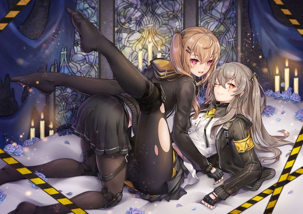 Anime picture 1052x744 with girls frontline ump45 (girls frontline) ump9 (girls frontline) death-the-cat long hair looking at viewer blush fringe open mouth light erotic blonde hair smile hair between eyes red eyes multiple girls yellow eyes indoors pleated skirt one eye closed wink