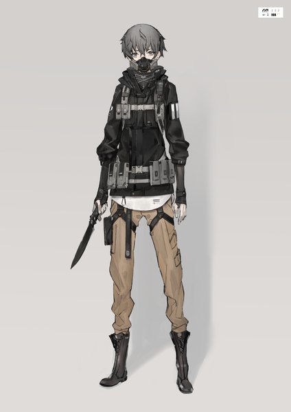 Anime-Bild 764x1080 mit original yucca-612 (neco) single tall image looking at viewer fringe short hair simple background hair between eyes holding full body grey hair grey background androgynous boy uniform boots pants military uniform knife