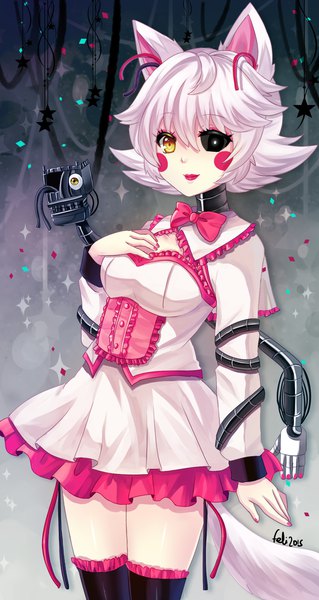 Anime picture 1200x2258 with five nights at freddy's mangle felicia-val single tall image looking at viewer blush fringe short hair smile hair between eyes standing animal ears yellow eyes white hair nail polish black eyes zettai ryouiki lipstick heterochromia