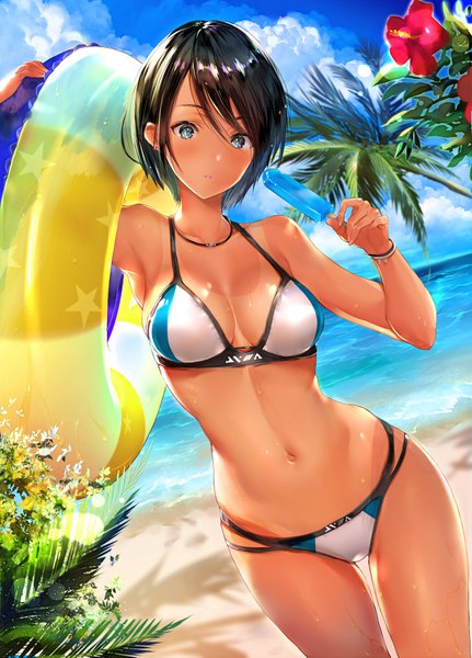 Anime picture 2591x3610 with original hitaki yuu single tall image looking at viewer blush fringe highres short hair breasts blue eyes light erotic black hair hair between eyes large breasts standing bare shoulders holding sky cleavage