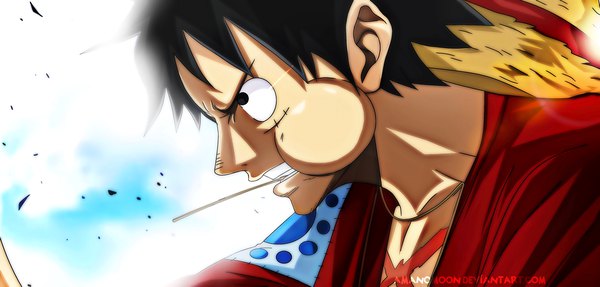 Anime picture 6396x3070 with one piece toei animation monkey d. luffy amanomoon single fringe highres short hair black hair wide image holding signed looking away absurdres upper body profile black eyes teeth coloring mouth hold