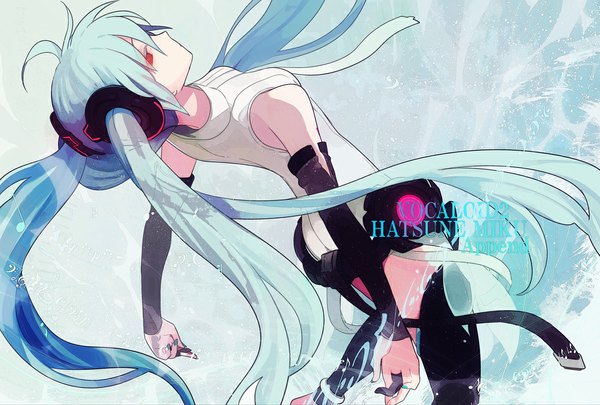 Anime picture 1184x800 with vocaloid vocaloid append hatsune miku hatsune miku (append) harano single long hair red eyes twintails bare shoulders blue hair ahoge nail polish profile inscription glowing girl gloves hair ornament necktie