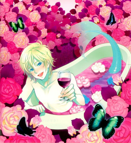 Anime picture 1406x1533 with original pixiv boys collections 2009 hatty463 single tall image looking at viewer blush short hair open mouth blue eyes blonde hair smile tail pale skin boy flower (flowers) water rose (roses) insect butterfly