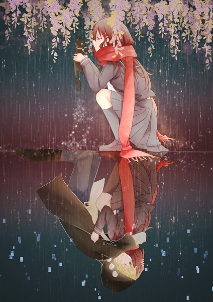Anime picture 800x1131 with kagerou project shaft (studio) tateyama ayano kano shuuya luoye long hair tall image fringe short hair blonde hair red eyes brown hair bent knee (knees) profile pleated skirt open clothes open jacket hug reflection squat