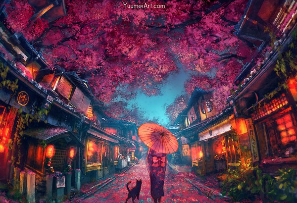 Anime picture 1972x1350 with original yuumei single highres short hair standing signed sky outdoors traditional clothes japanese clothes from behind wide sleeves cherry blossoms hieroglyph architecture east asian architecture girl bow animal