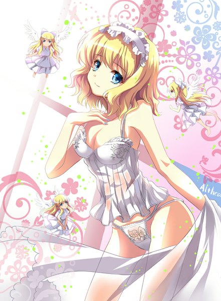 Anime picture 736x1000 with touhou alice margatroid shanghai moyu single long hair tall image looking at viewer short hair breasts blue eyes light erotic smile standing nail polish barefoot fingernails alternate costume flying white wings
