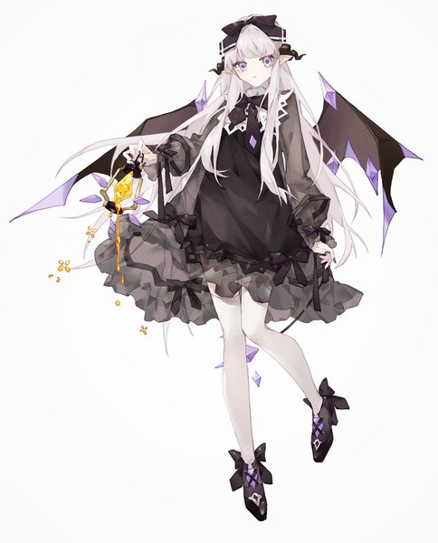Anime picture 1344x1666 with original mechari single long hair tall image looking at viewer fringe simple background white background purple eyes silver hair full body blunt bangs nail polish pointy ears bare legs girl dress bow hair bow