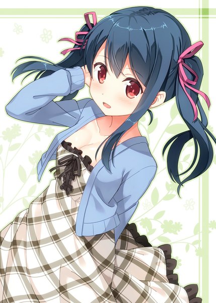 Anime picture 800x1119 with original hyuuga azuri single long hair tall image looking at viewer blush open mouth black hair red eyes twintails cleavage hand on head arm behind back girl dress ribbon (ribbons) hair ribbon