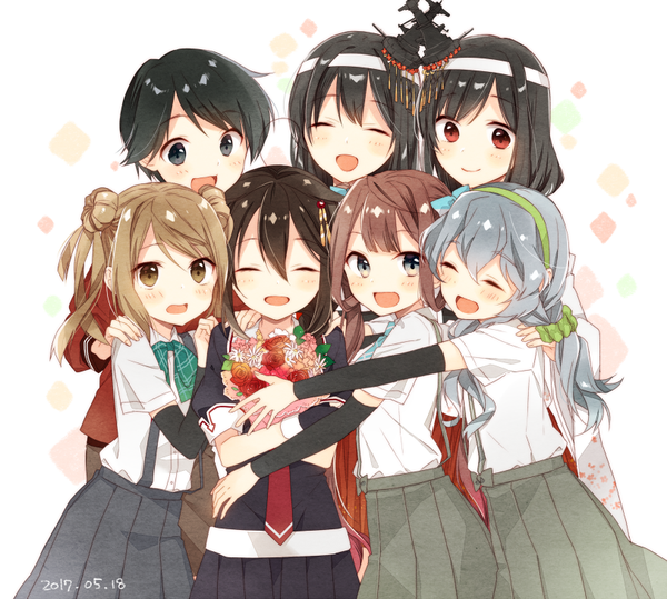 Anime picture 812x730 with kantai collection shigure destroyer yamashiro battleship fusou battleship mogami heavy cruiser michishio destroyer asagumo (kantai collection) yamagumo (kantai collection) naoto (tulip) long hair blush fringe short hair open mouth black hair smile hair between eyes red eyes brown hair multiple girls