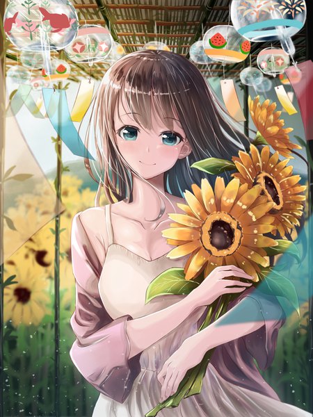 Anime-Bild 2893x3858 mit original timo wei95 single long hair tall image looking at viewer blush fringe highres breasts smile hair between eyes brown hair standing holding sky cleavage outdoors aqua eyes wind