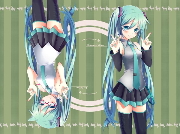 Anime picture 1200x899 with vocaloid hatsune miku tobade (tbdfactory) blush smile twintails bare shoulders animal ears very long hair aqua eyes cat ears aqua hair dual persona girl thighhighs skirt black thighhighs detached sleeves miniskirt shirt