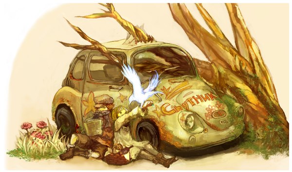 Anime picture 1907x1123 with sumi (pixiv18795) highres wide image couple reading girl boy flower (flowers) plant (plants) hat animal tree (trees) bird (birds) book (books) grass bottle ground vehicle child (children) car basket