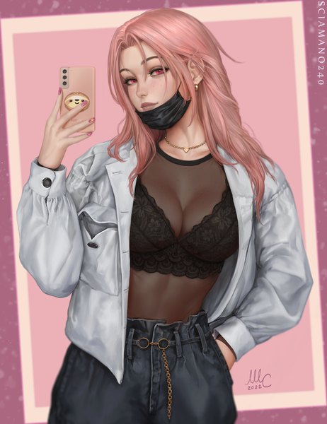 Anime picture 1000x1300 with original chloe (sciamano240) sciamano240 single long hair tall image looking at viewer breasts light erotic simple background standing holding signed pink hair long sleeves nail polish head tilt pink eyes arm up lips