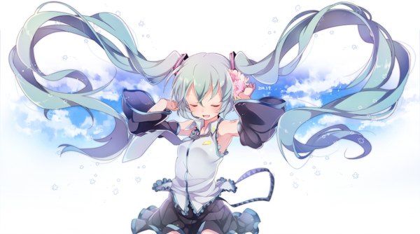 Anime picture 1800x1002 with vocaloid hatsune miku umiko (munemiu) single blush highres open mouth wide image twintails sky cloud (clouds) eyes closed very long hair hair flower aqua hair singing girl skirt hair ornament flower (flowers)