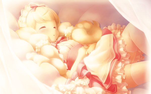 Anime picture 1920x1200 with cafe sourire cuffs (studio) ogiwara kyouko single long hair blush highres blonde hair wide image twintails eyes closed sleeping girl thighhighs dress white thighhighs