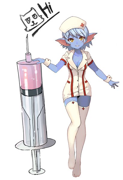 イラスト 3000x4392 と league of legends tristana (league of legends) bsg4002 ソロ 長身像 カメラ目線 前髪 highres 短い髪 おっぱい light erotic simple background 笑顔 白背景 獣耳 黄色眼 青い髪 cleavage 全身 エルフ耳